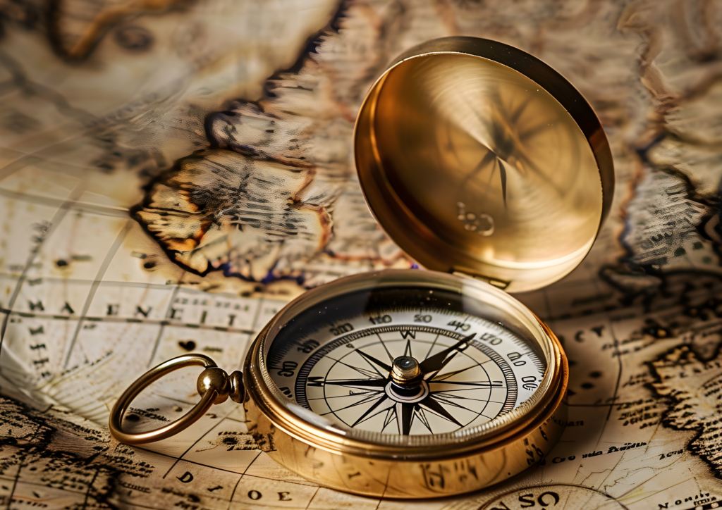 Une boussole ancienne posée sur une carte